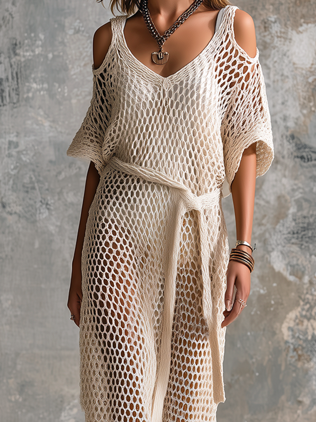 ElevenOra Chic Elegant Off-White Cold-Shoulder V-Neck Dolman Sleeves Loose-Fit  Self-Tie Belt Mesh Knit Midi Dress