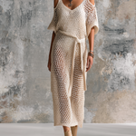 ElevenOra Chic Elegant Off-White Cold-Shoulder V-Neck Dolman Sleeves Loose-Fit  Self-Tie Belt Mesh Knit Midi Dress
