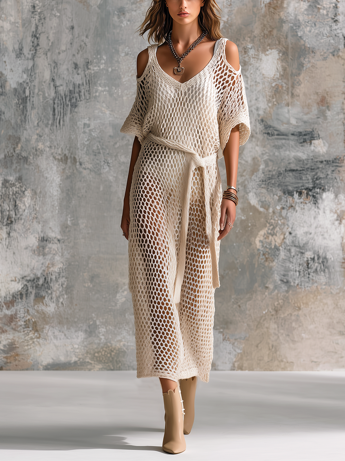 ElevenOra Chic Elegant Off-White Cold-Shoulder V-Neck Dolman Sleeves Loose-Fit  Self-Tie Belt Mesh Knit Midi Dress