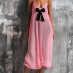 ElevenOra Chic Elegant Light Pink Spaghetti Straps Bow-Embellished V-Neck Sleeveless  Loose-Fit A-Line Mesh Knit Midi Dress