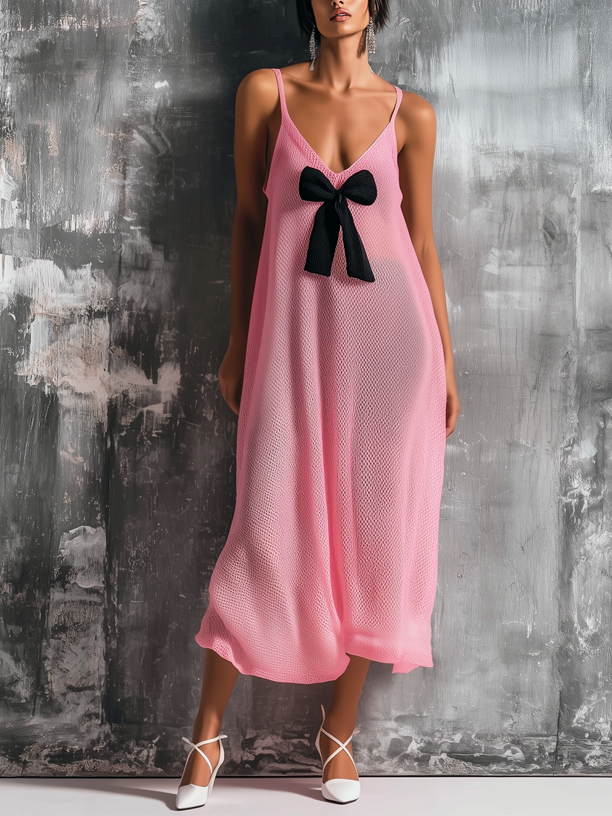 ElevenOra Chic Elegant Light Pink Spaghetti Straps Bow-Embellished V-Neck Sleeveless  Loose-Fit A-Line Mesh Knit Midi Dress