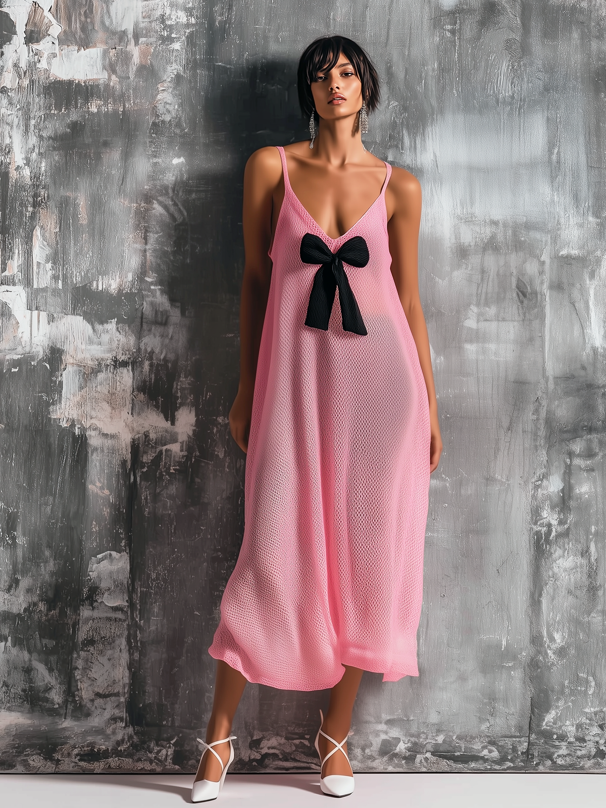 ElevenOra Chic Elegant Light Pink Spaghetti Straps Bow-Embellished V-Neck Sleeveless  Loose-Fit A-Line Mesh Knit Midi Dress