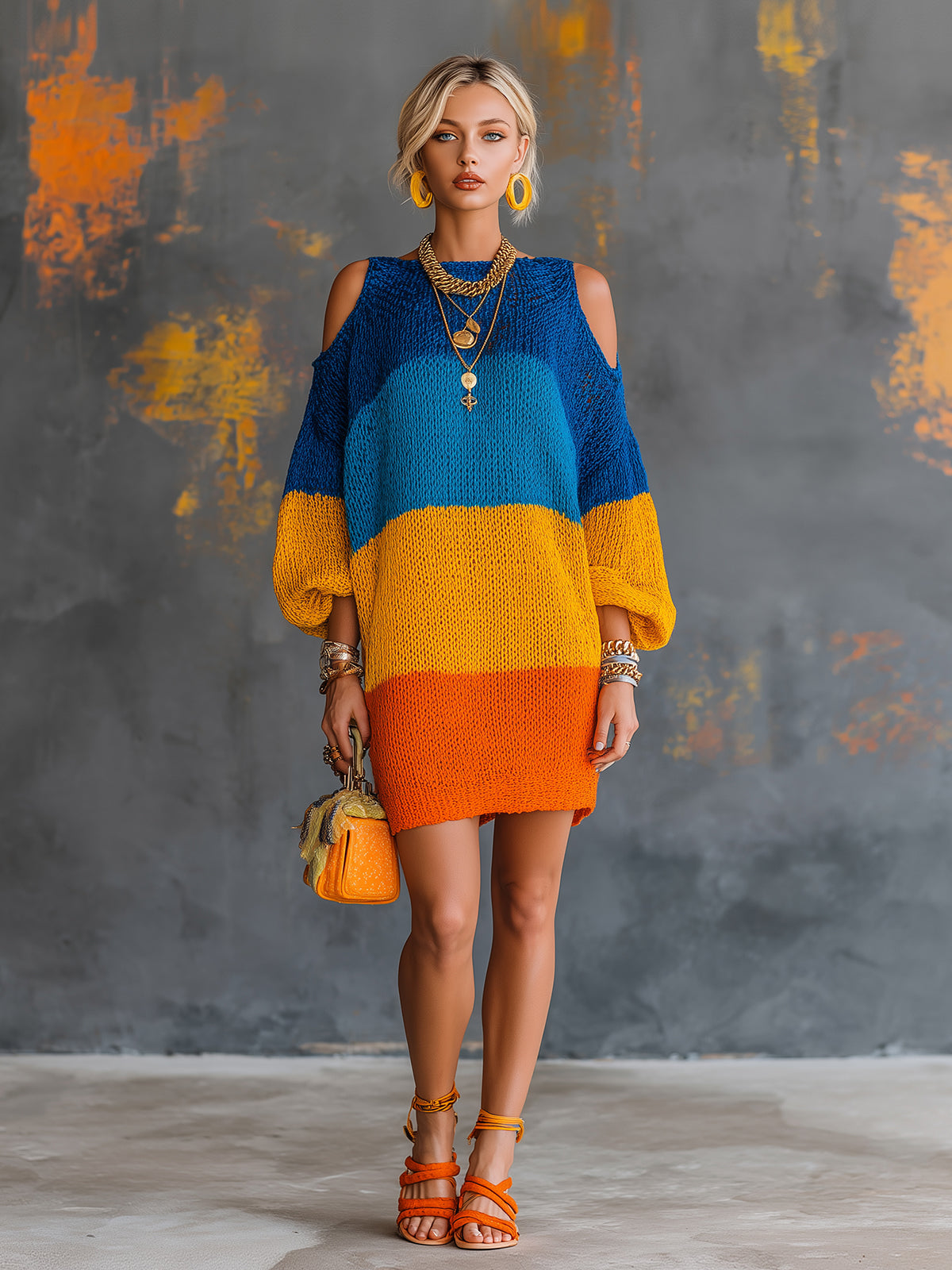 ElevenOra Chic Elegant Blue-Orange Colorblock Boat-Neck Lantern-Sleeve Cold-Shoulder Loose-Fit Knit Mini Dress