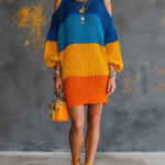 ElevenOra Chic Elegant Blue-Orange Colorblock Boat-Neck Lantern-Sleeve Cold-Shoulder Loose-Fit Knit Mini Dress