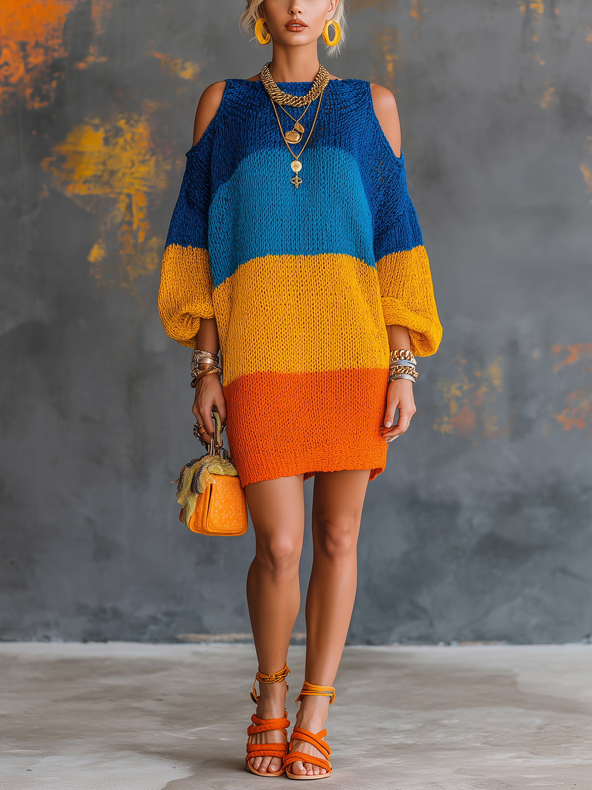 ElevenOra Chic Elegant Blue-Orange Colorblock Boat-Neck Lantern-Sleeve Cold-Shoulder Loose-Fit Knit Mini Dress