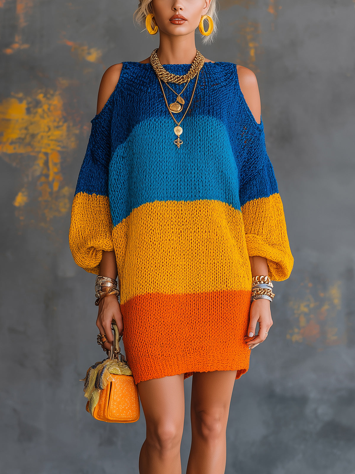 ElevenOra Chic Elegant Blue-Orange Colorblock Boat-Neck Lantern-Sleeve Cold-Shoulder Loose-Fit Knit Mini Dress