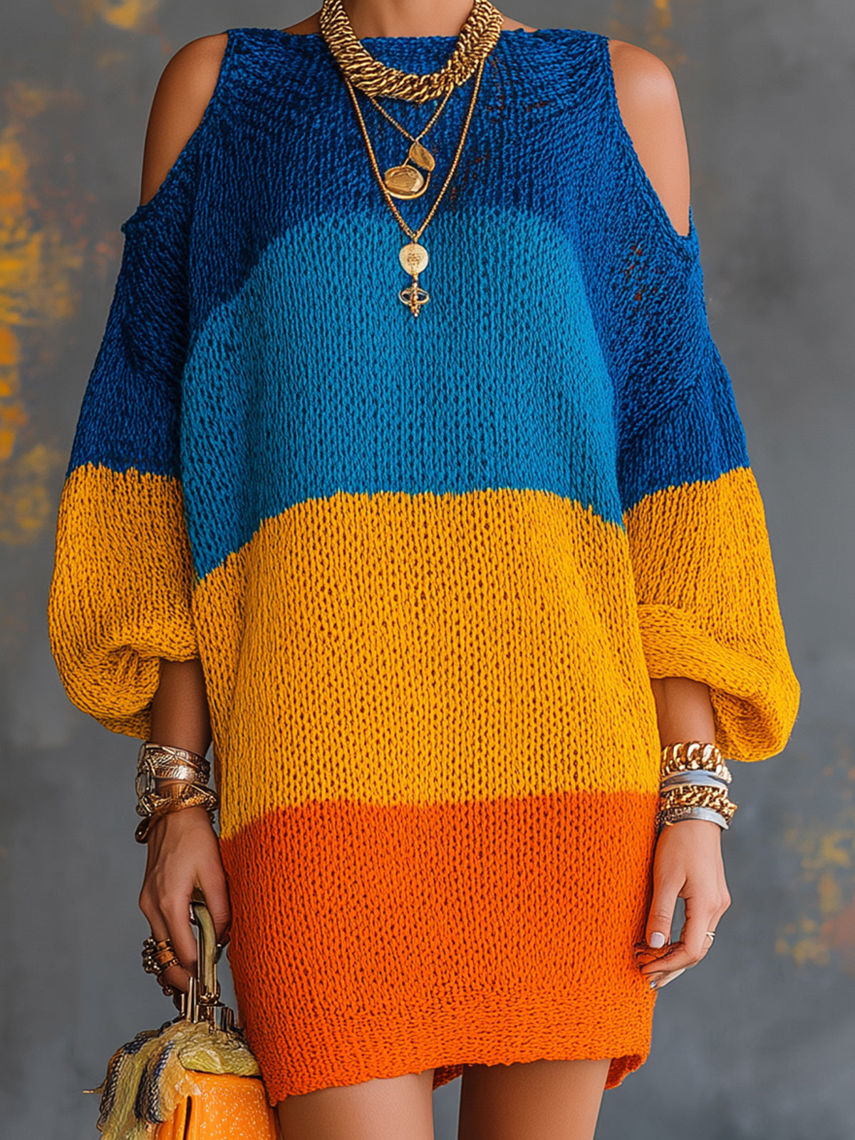 ElevenOra Chic Elegant Blue-Orange Colorblock Boat-Neck Lantern-Sleeve Cold-Shoulder Loose-Fit Knit Mini Dress