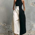 ElevenOra Chic Elegant Black-White Colorblock High Halter Neck Sleeveless Fitted Waist A-Line Cotton-Linen Blend Maxi Dress