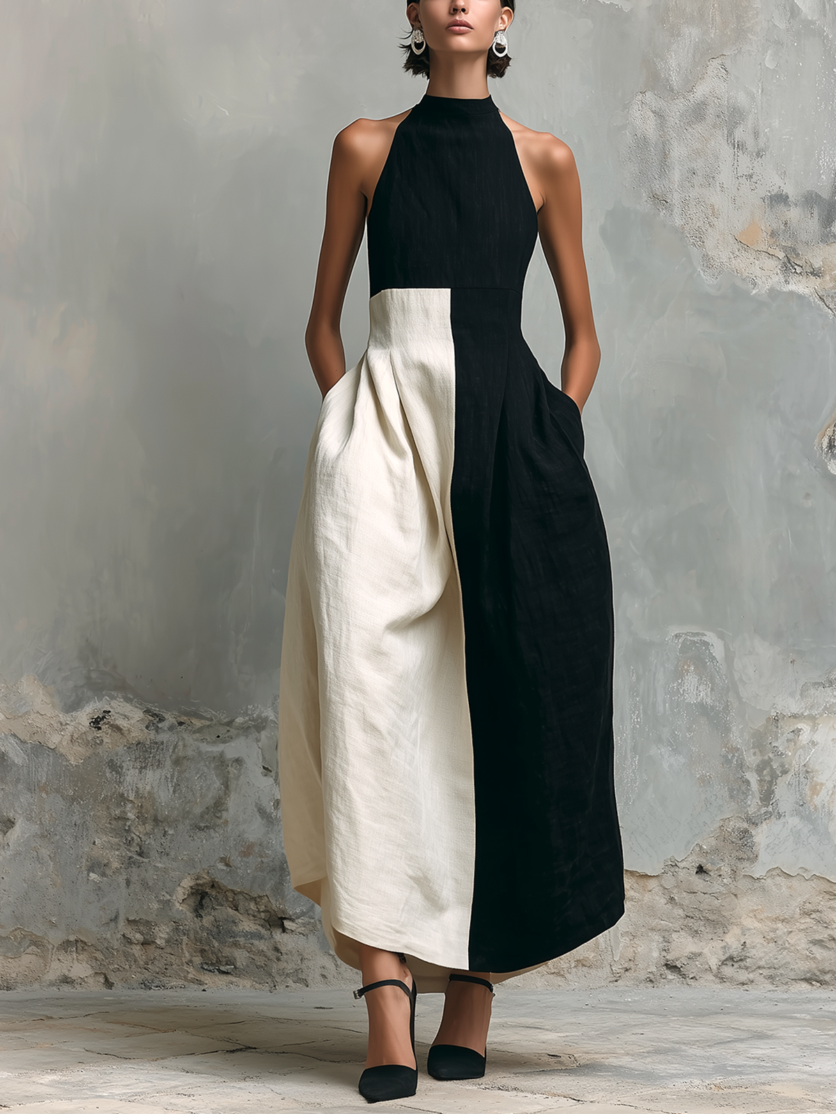 ElevenOra Chic Elegant Black-White Colorblock High Halter Neck Sleeveless Fitted Waist A-Line Cotton-Linen Blend Maxi Dress