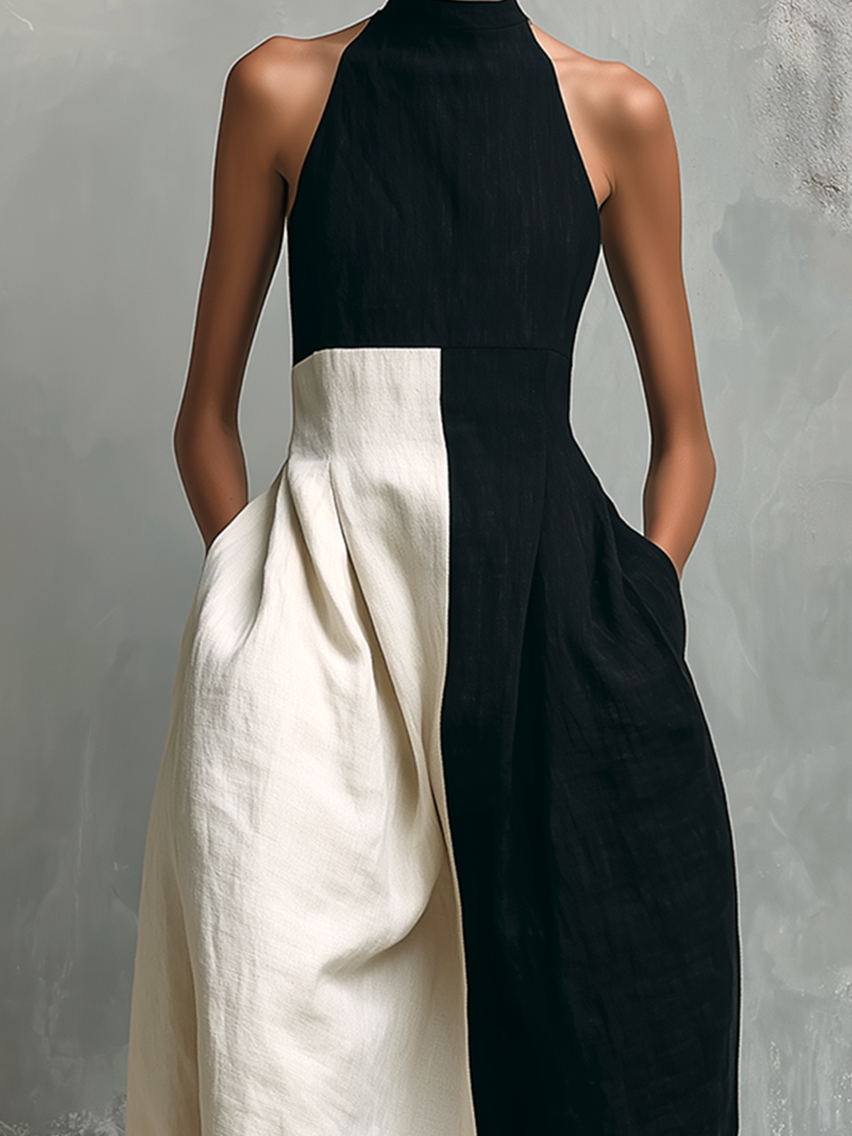 ElevenOra Chic Elegant Black-White Colorblock High Halter Neck Sleeveless Fitted Waist A-Line Cotton-Linen Blend Maxi Dress