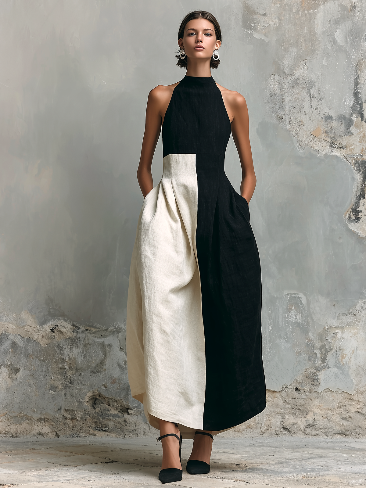 ElevenOra Chic Elegant Black-White Colorblock High Halter Neck Sleeveless Fitted Waist A-Line Cotton-Linen Blend Maxi Dress