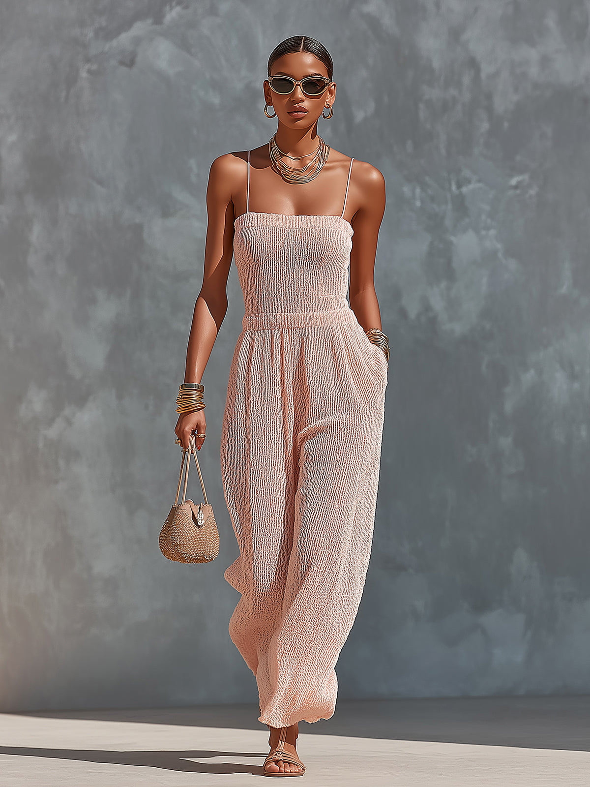 ElevenOra Chic Elegant Light Pink Spaghetti-Strap Square-Neck Sleeveless Tailored-Wiast Knit Wide-Leg Jumpsuit