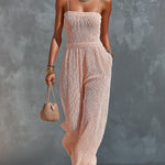 ElevenOra Chic Elegant Light Pink Spaghetti-Strap Square-Neck Sleeveless Tailored-Wiast Knit Wide-Leg Jumpsuit