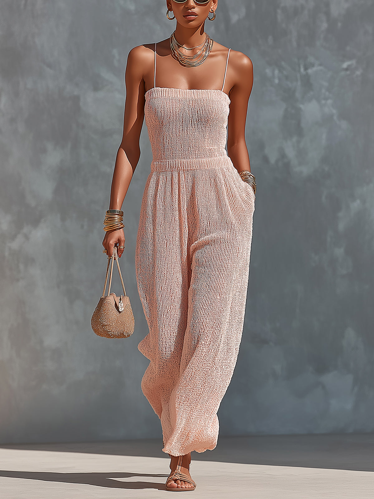 ElevenOra Chic Elegant Light Pink Spaghetti-Strap Square-Neck Sleeveless Tailored-Wiast Knit Wide-Leg Jumpsuit