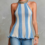 ElevenOra Chic Elegant Blue-White Stripes Halter-Neck Sleeveless A-Line Slim-Fit Knit Tank Top