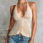 ElevenOra Chic Elegant Beige Halter V-Neck Sleeveless Flared Hem Mesh Knit Tank Top