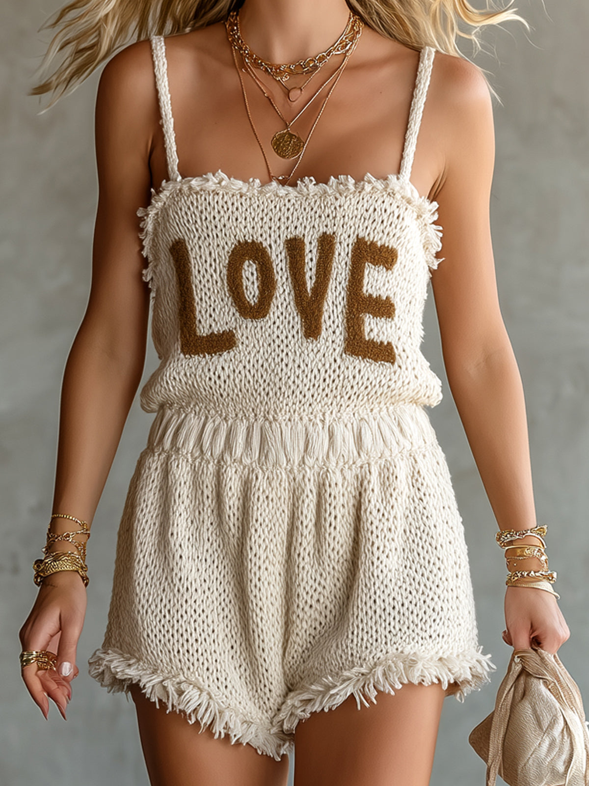 ElevenOra Chic Elegant Cream White Spaghetti-Strap Square-Neck Sleeveless Letter Jacquard Fringe Detail Loose-Fit Knit Romper