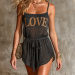 ElevenOra Chic Elegant Black Spaghetti-Strap Square-Neck Sleeveless Letter Jacquard Drawstring-Waist Loose-Fit Knit Romper