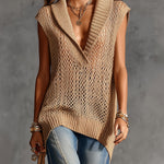 ElevenOra Chic Elegant Camel Lapel V-Neck Sleeveless Loose-Fit Mesh Knit Vest Top