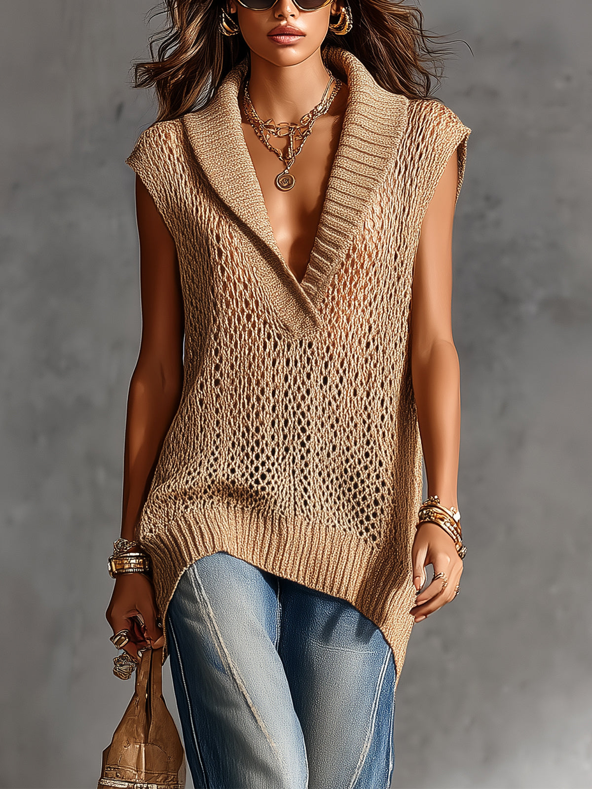 ElevenOra Chic Elegant Camel Lapel V-Neck Sleeveless Loose-Fit Mesh Knit Vest Top