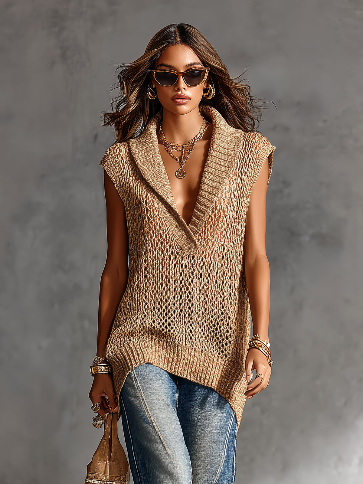 ElevenOra Chic Elegant Camel Lapel V-Neck Sleeveless Loose-Fit Mesh Knit Vest Top