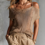 ElevenOra Chic Elegant Camel Lapel Spaghetti Straps Cold-Shoulder Short-Sleeve Hollow-Out Mesh Knit Sweater Top