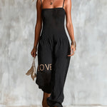 ElevenOra Chic Elegant Black Spaghetti Straps Square-Neck Sleeveless Letter Jacquard Breathable Knit Wide-Leg Jumpsuit