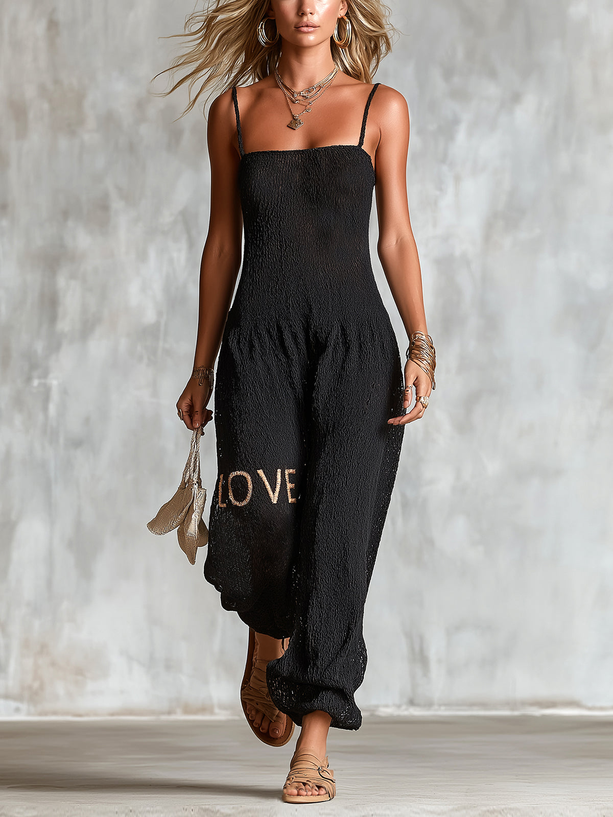 ElevenOra Chic Elegant Black Spaghetti Straps Square-Neck Sleeveless Letter Jacquard Breathable Knit Wide-Leg Jumpsuit