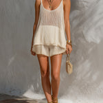 ElevenOra Chic Elegant Cream White Spaghetti Straps U-Neck Sleeveless A-Line Tank Top Elasti-Waist Shorts Mesh Knit Two-Piece Set