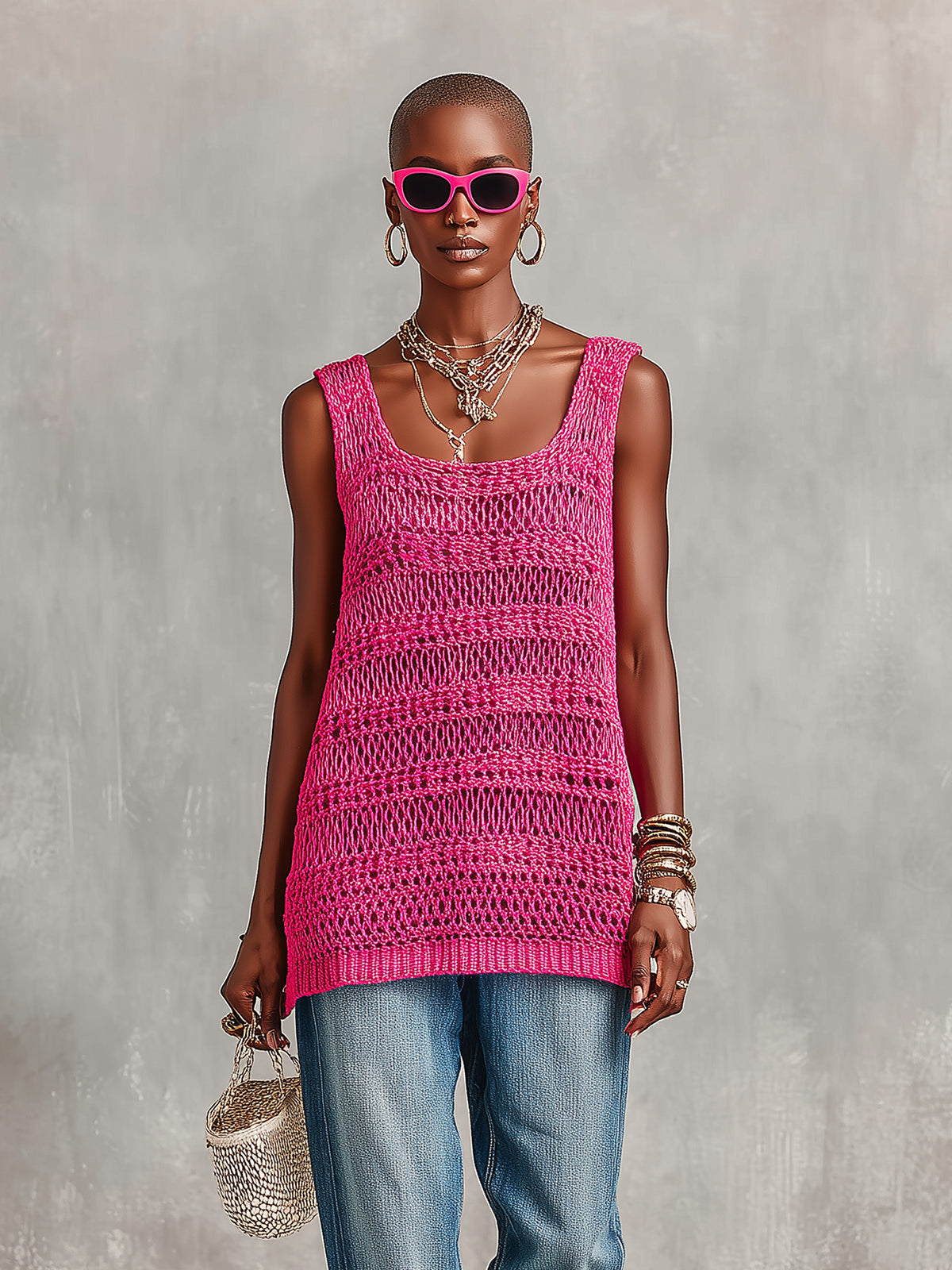 ElevenOra Chic Elegant Hot Pink Square-Neck Sleeveless Loose-Fit Hollow-Out Mesh Knit Vest Top