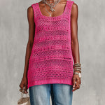 ElevenOra Chic Elegant Hot Pink Square-Neck Sleeveless Loose-Fit Hollow-Out Mesh Knit Vest Top