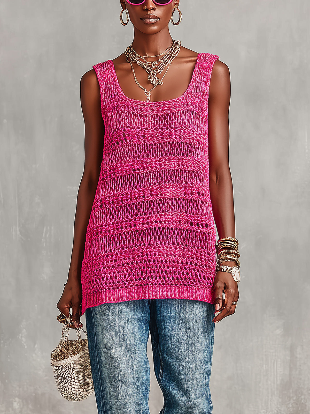 ElevenOra Chic Elegant Hot Pink Square-Neck Sleeveless Loose-Fit Hollow-Out Mesh Knit Vest Top