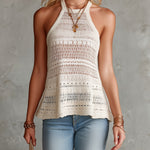ElevenOra Chic Elegant Cream White Halter-Neck Sleeveless Loose-Fit A-Line Hollow-Out Mesh Knit Tank Top