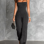 ElevenOra Chic Elegant Black Spaghetti Straps Square-Neck Sleeveless Tailored-Waist Straight-Leg Knit Jumpsuit