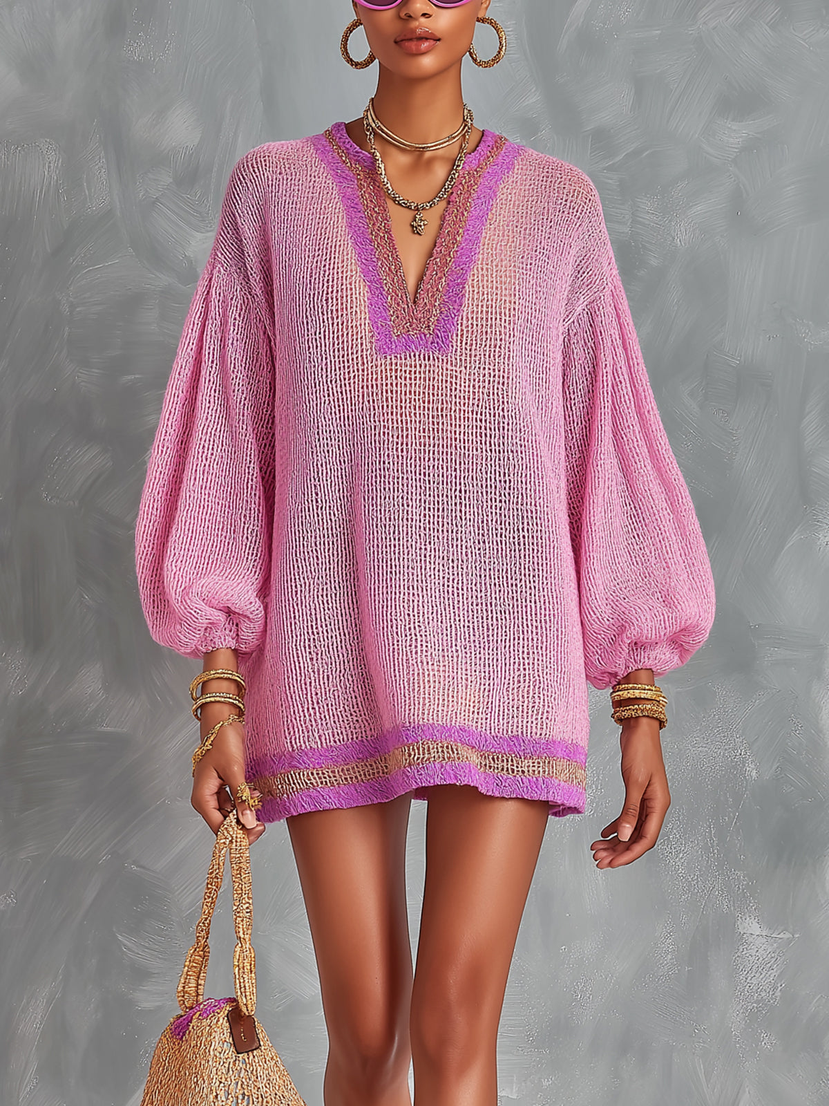 ElevenOra Chic Elegant Pink V-Neck Lantern-Sleeve A-Line Loose-Fit Contrast Trim Detail Mesh Knit Mini Dress
