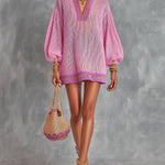 ElevenOra Chic Elegant Pink V-Neck Lantern-Sleeve A-Line Loose-Fit Contrast Trim Detail Mesh Knit Mini Dress