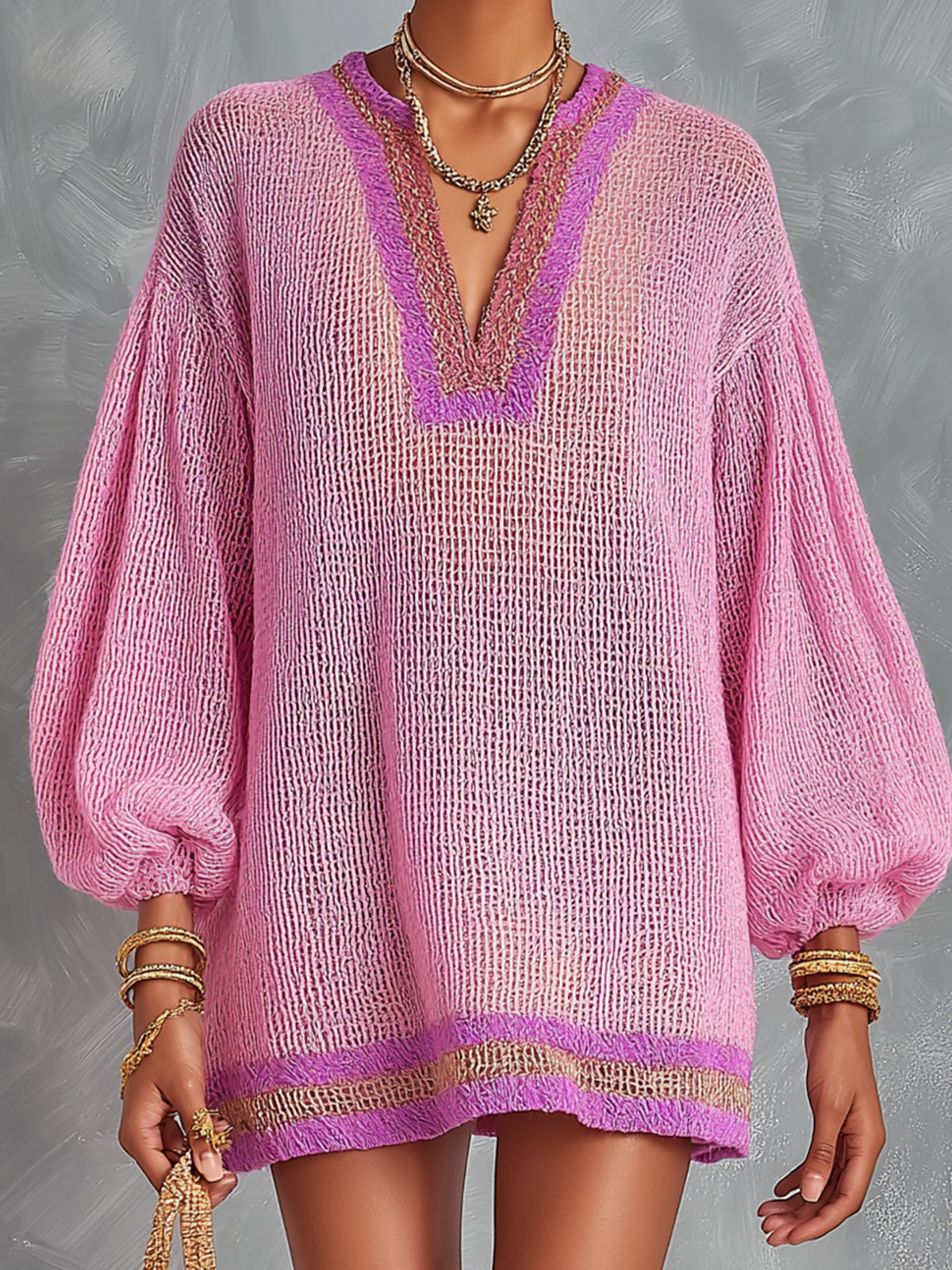 ElevenOra Chic Elegant Pink V-Neck Lantern-Sleeve A-Line Loose-Fit Contrast Trim Detail Mesh Knit Mini Dress