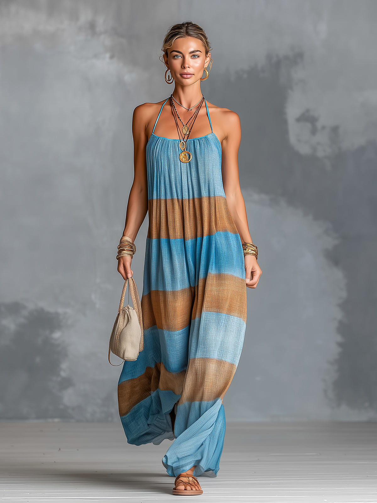 ElevenOra Chic Elegant Blue-Brown Colorblock Cotton Blend Halter-Neck Sleeveless Oversize A-Line Maxi Dress