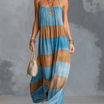 ElevenOra Chic Elegant Blue-Brown Colorblock Cotton Blend Halter-Neck Sleeveless Oversize A-Line Maxi Dress