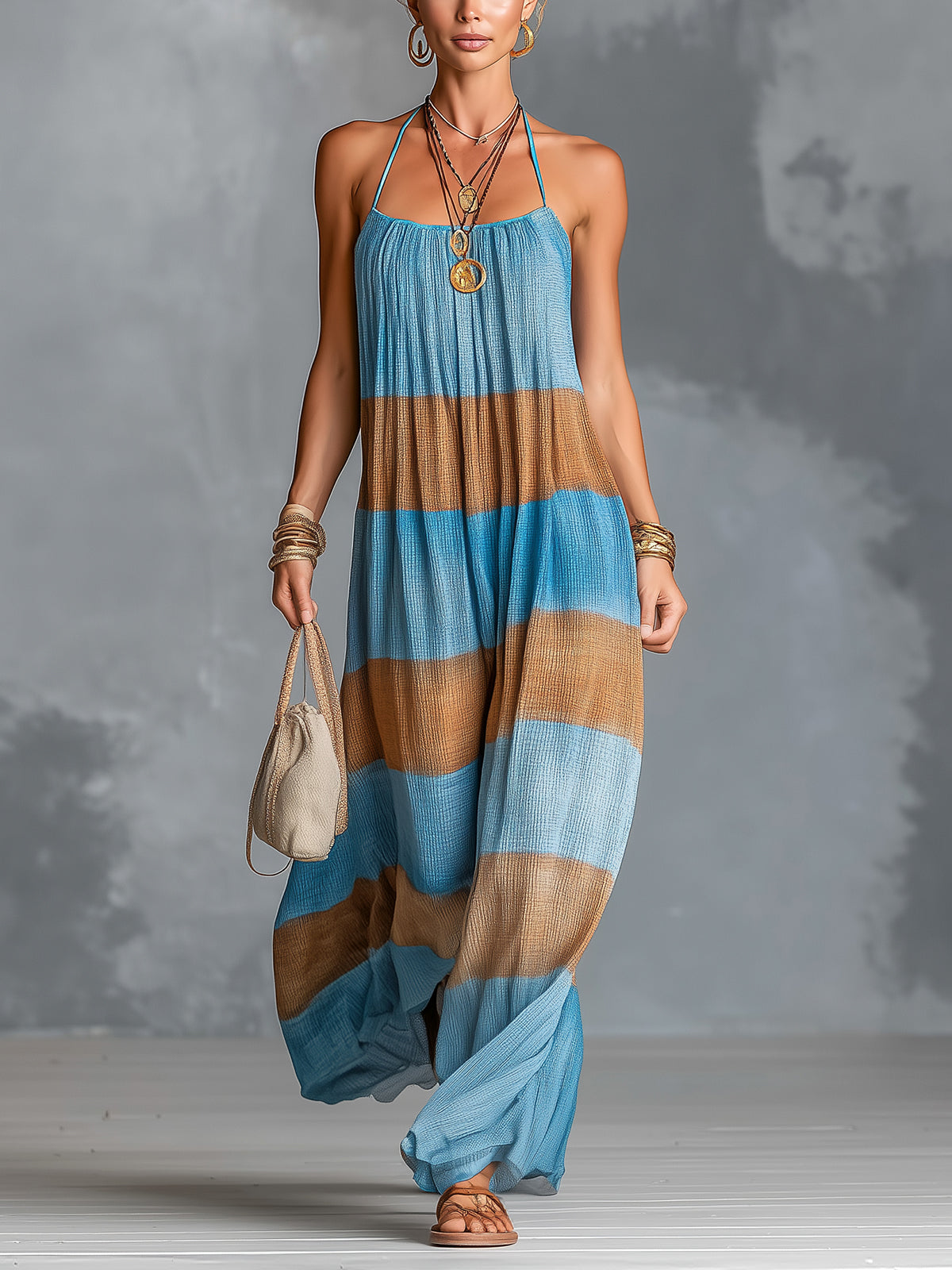 ElevenOra Chic Elegant Blue-Brown Colorblock Cotton Blend Halter-Neck Sleeveless Oversize A-Line Maxi Dress
