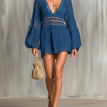ElevenOra Chic Elegant Navy Blue Deep V-Neck Long-Lantern-Sleeve Hollow-Out Detail Loose-Fit A-Line Mesh Knit Mini Dress