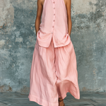 ElevenOra Chic Elegant Pink Stand Collar Single-Breasted Loose-Fit Sleeveless Shirt Top Cotton-Linen Blend Wide-Leg Pants Two-Piece Set