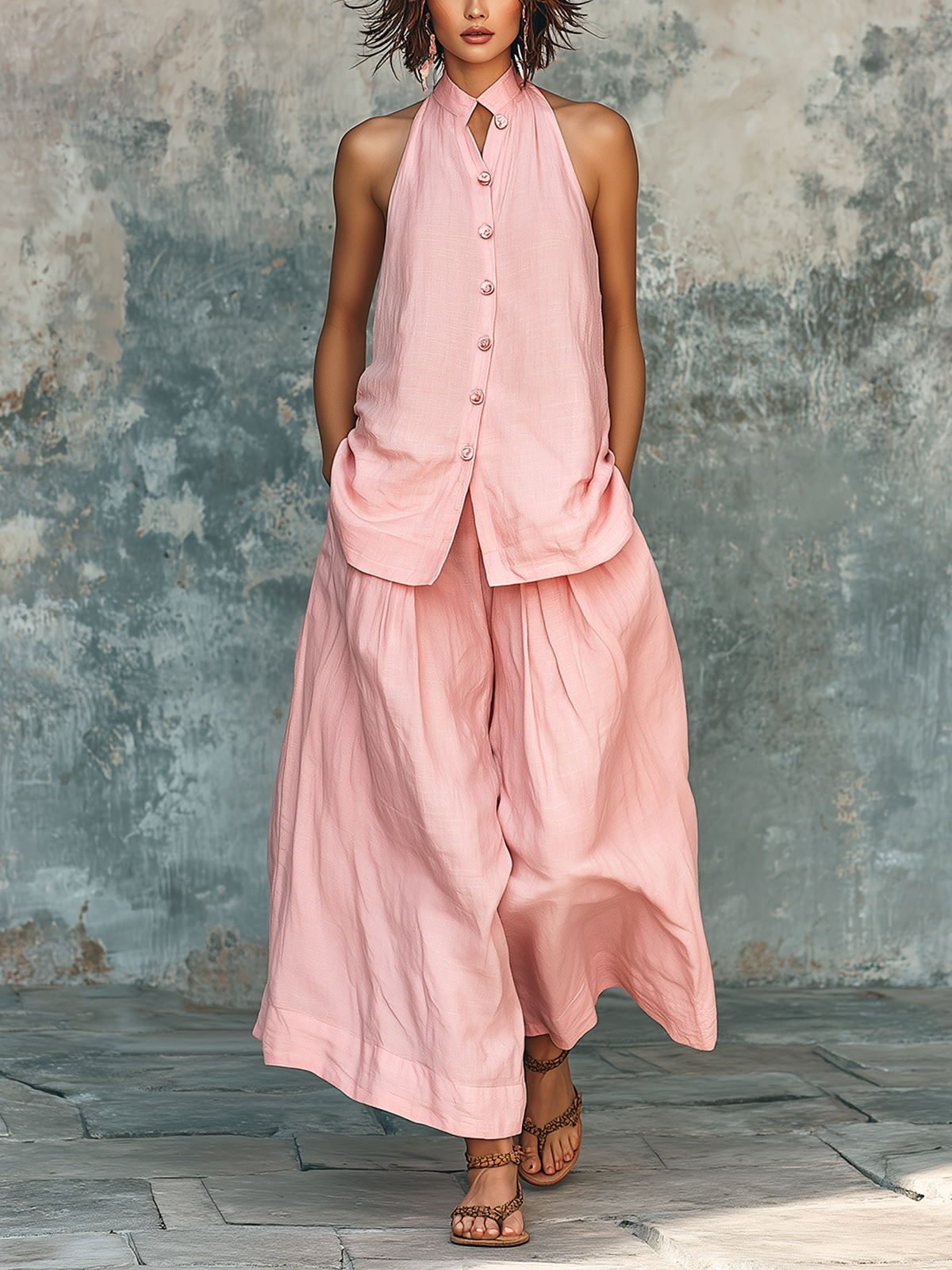 ElevenOra Chic Elegant Pink Stand Collar Single-Breasted Loose-Fit Sleeveless Shirt Top Cotton-Linen Blend Wide-Leg Pants Two-Piece Set