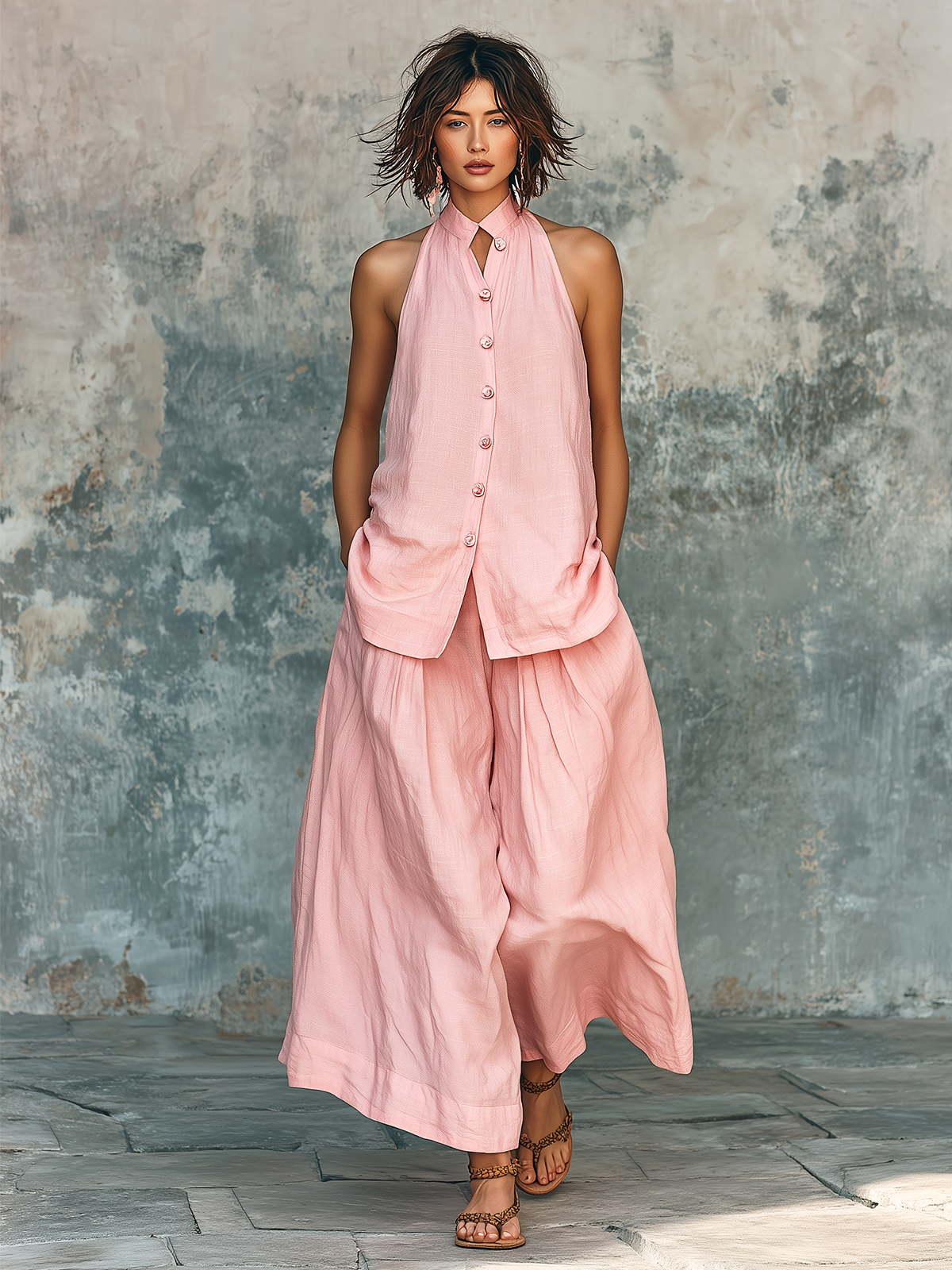 ElevenOra Chic Elegant Pink Stand Collar Single-Breasted Loose-Fit Sleeveless Shirt Top Cotton-Linen Blend Wide-Leg Pants Two-Piece Set