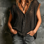 ElevenOra Chic Casual Black V-Neck Contrast Trim Single-Breasted Loose-Fit Hollow-Out Mesh Knit Vest Top