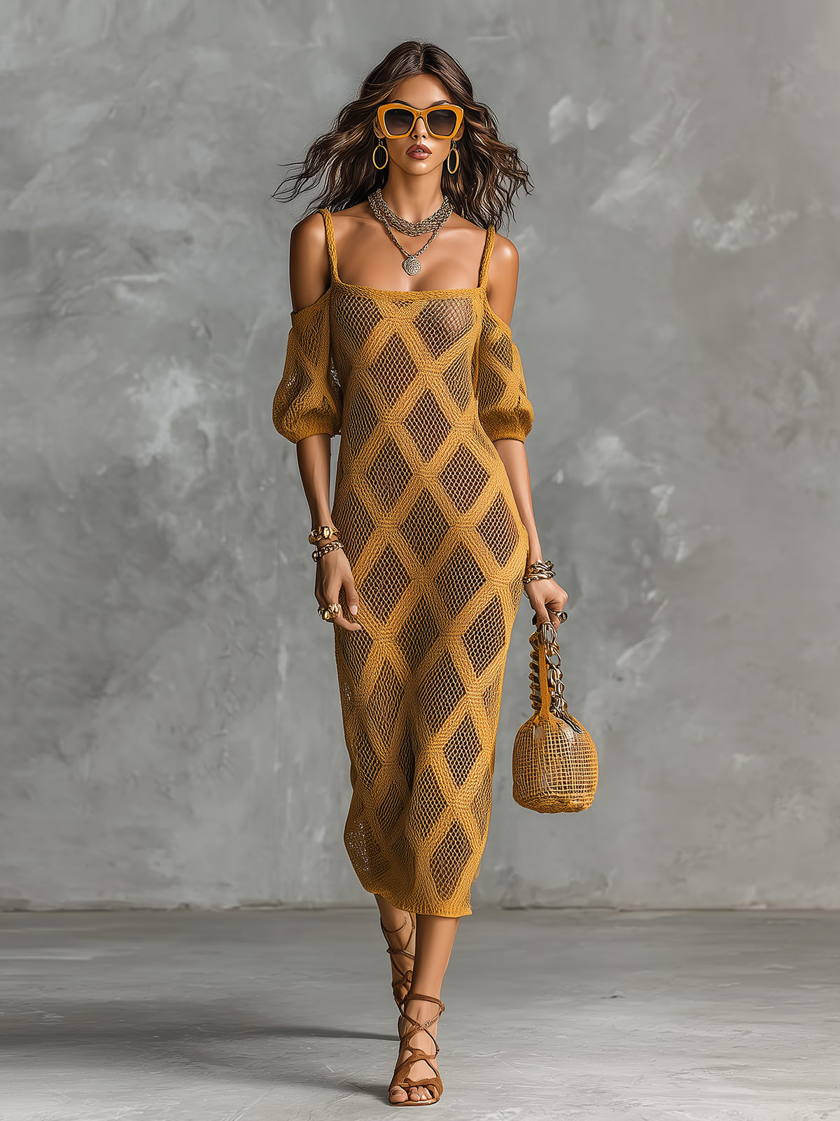 ElevenOra Chic Elegant Khaki Argyle Pattern Jacquard Square-Neck Short-Sleeve Cold-Shoulder Slim-Fit Mesh Knit Midi Dress