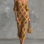 ElevenOra Chic Elegant Khaki Argyle Pattern Jacquard Square-Neck Short-Sleeve Cold-Shoulder Slim-Fit Mesh Knit Midi Dress