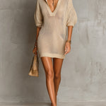 ElevenOra Chic Elegant Light Camel Lapel V-Neck Short-Lantern-Sleeve Loose-Fit Mesh Knit Mini Dress