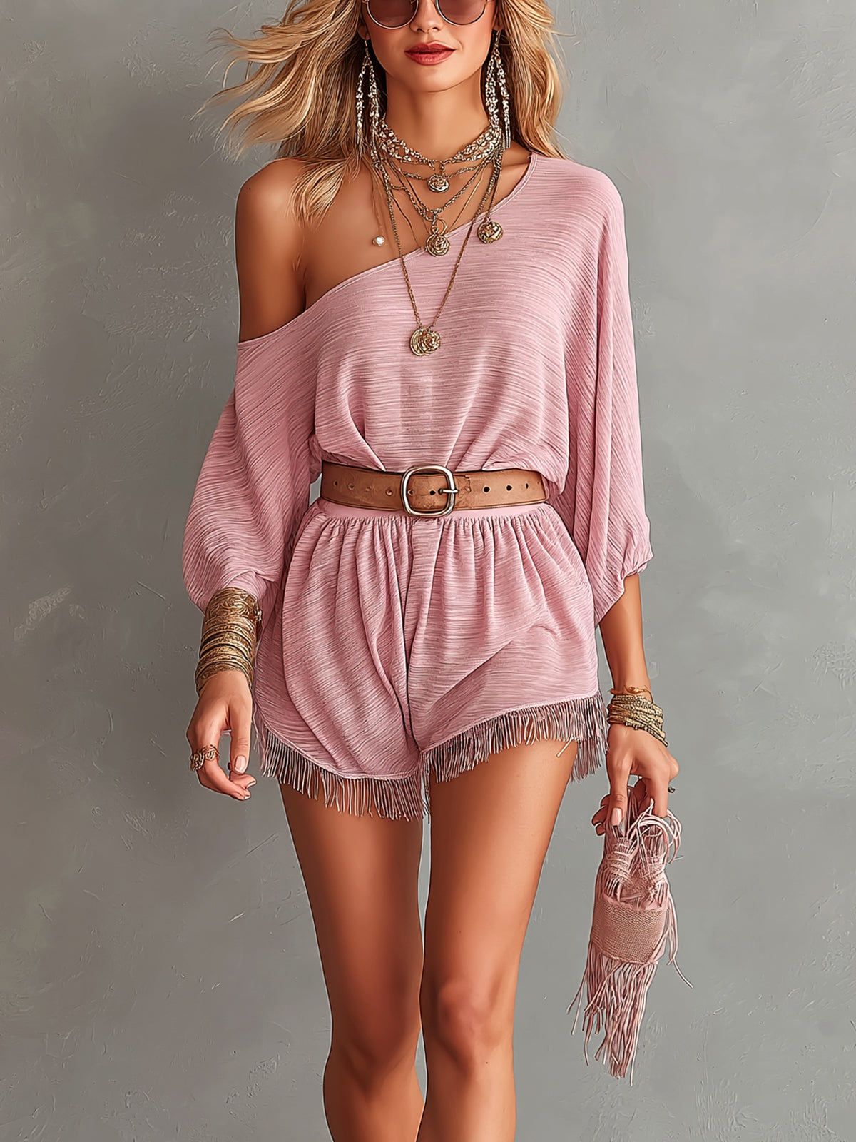 ElevenOra Chic Elegant Pink Textured Cotton Blend One-Shoulder Half-Sleeve Belted Loose-Fit Fringe Detail Ropmer