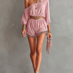 ElevenOra Chic Elegant Pink Textured Cotton Blend One-Shoulder Half-Sleeve Belted Loose-Fit Fringe Detail Ropmer
